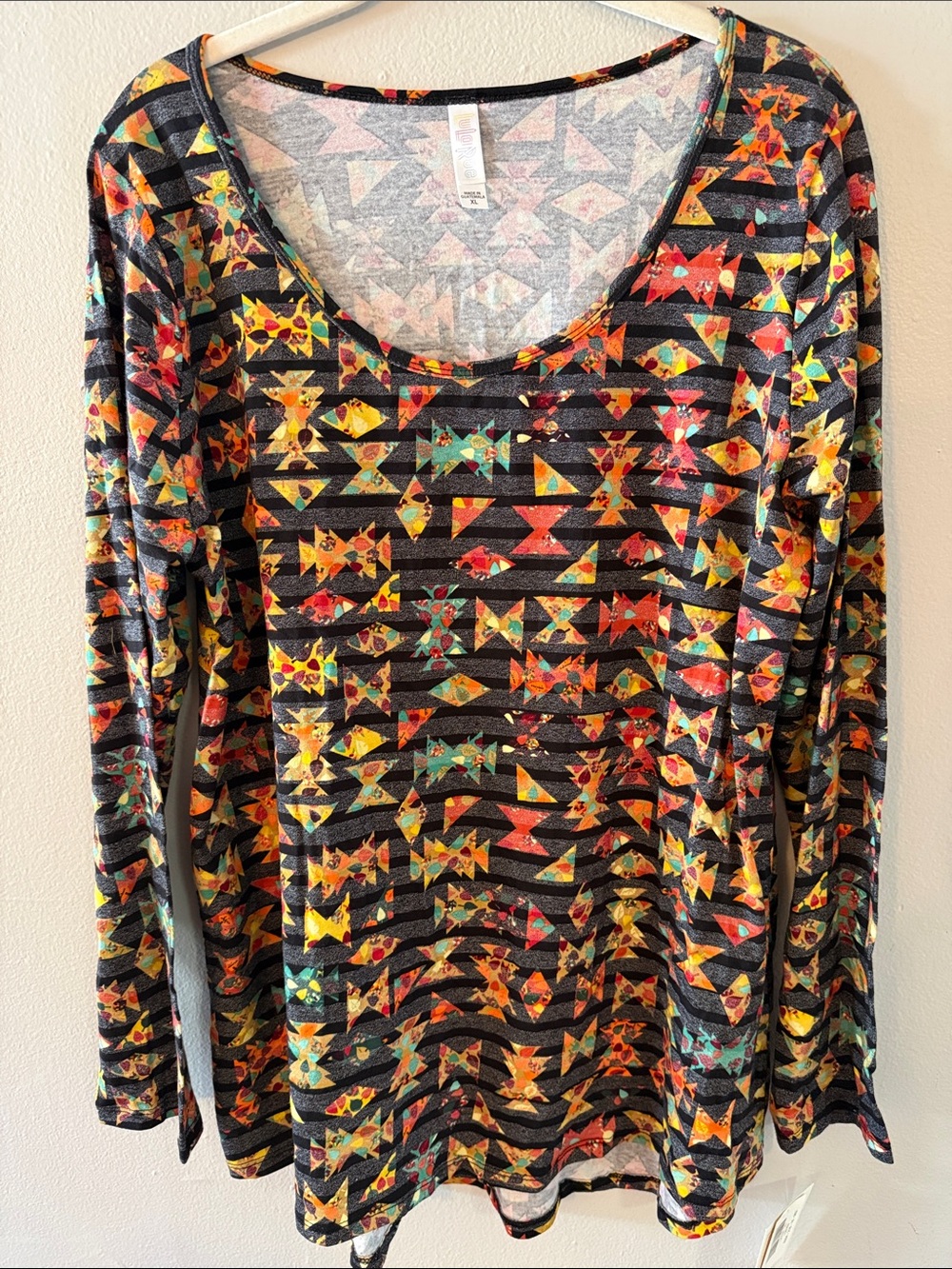 LuLaRoe Black Long-Sleeve Scoop Neck Top with Multicolor Geometric Print